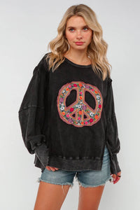 PLUS SUZE EMBROIDERED PEACE WASHED PULLOVER KNIT TOP: CHARCOAL