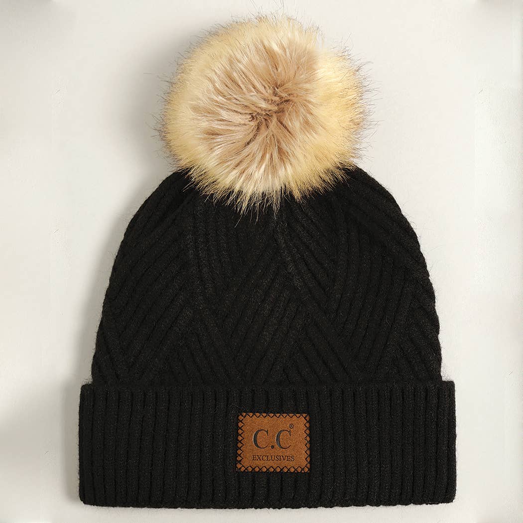 Heather Cuff Beanie with Pom-Pom: BLACK