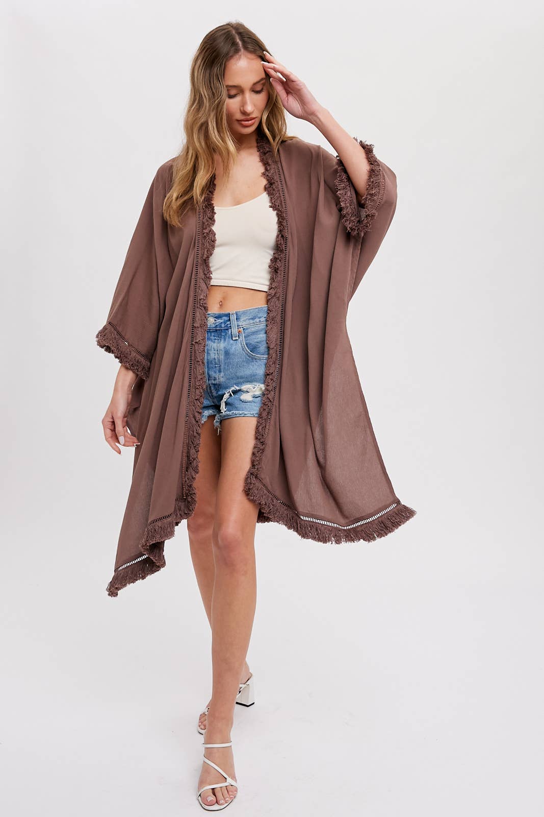FRINGED KIMONO: MOCHA