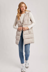 HOODED ZIPPER DOWN LONGLINE PUFFER VEST JACKET: CREAM