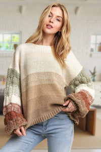 PUFF SLEEVE OMBRE SWEATER TOP: COFFEE