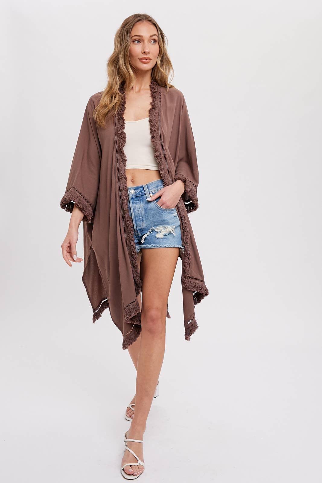 FRINGED KIMONO: MOCHA