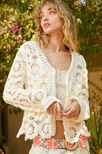 Open knitted button down crochet sweater cardigan: CREAM