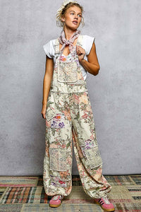 Printed Lace Patch Trim Strap Relaxed Fit Jogger Overall Romper Pants : CREAM FLORAL