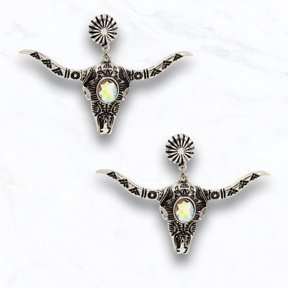 Longhorn Crystal Skull Earrings 
: Silver