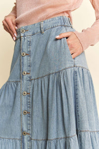 DENIM BUTTON FRONT RUFFLE HEM DENIM MAXI SKIRT: Denim