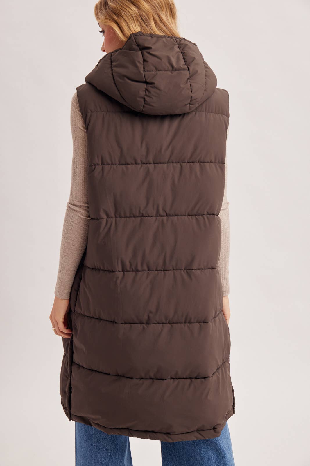 DETACHABLE HOOD ZIPPER LONGLINE QUILTED PUFFER VEST JACKET : ASH BROWN