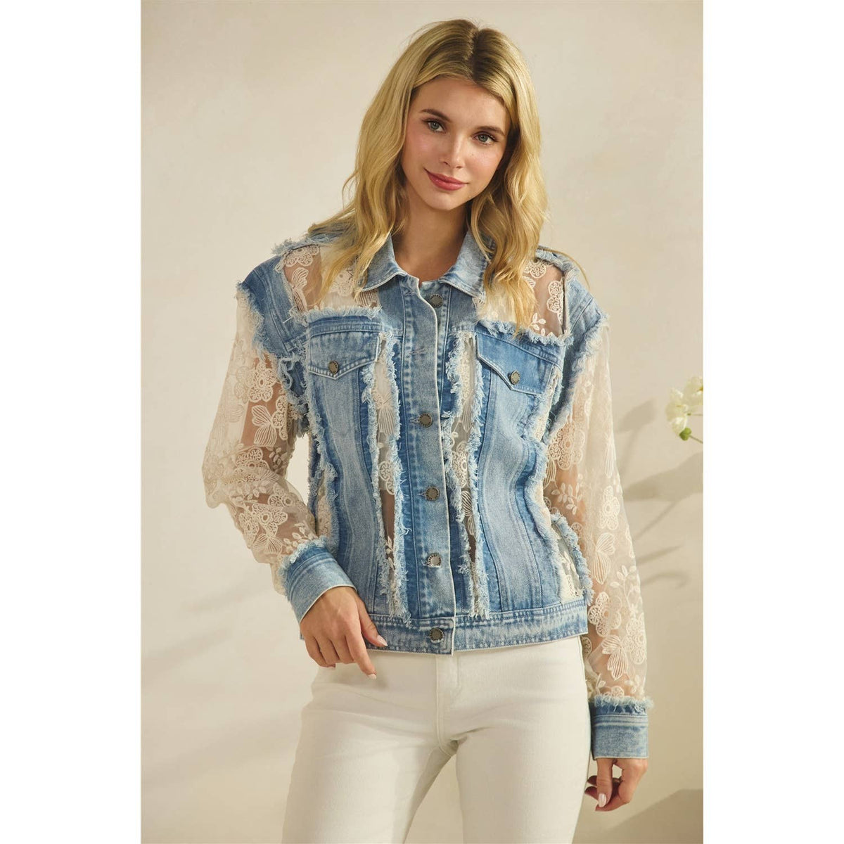 Denim Jacket with Floral Organza Inset: Med Wash