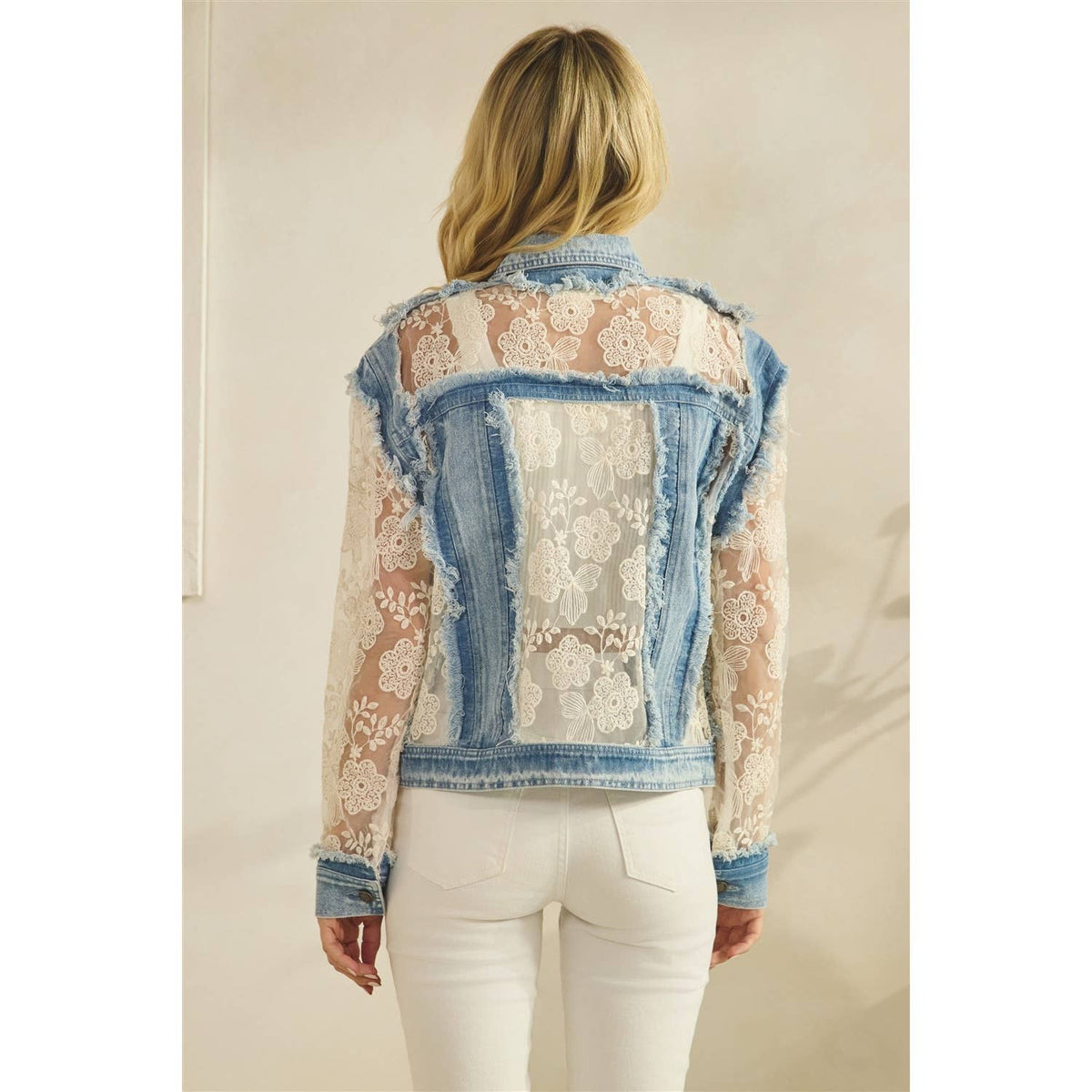 Denim Jacket with Floral Organza Inset: Med Wash