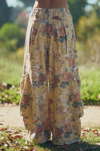 FLOWER PRINTED DENIM WAIST DROPPED POCKETS PANT: Yellow