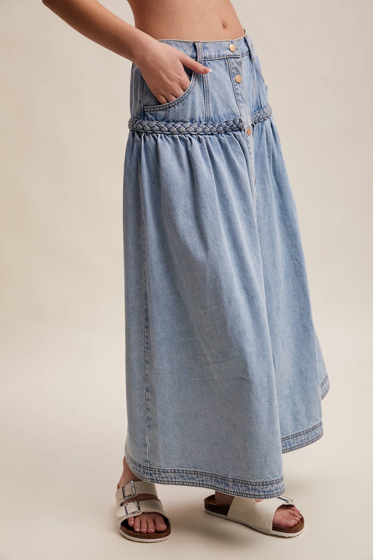 Braided Waist Denim Maxi Skirt: Cloud Wash