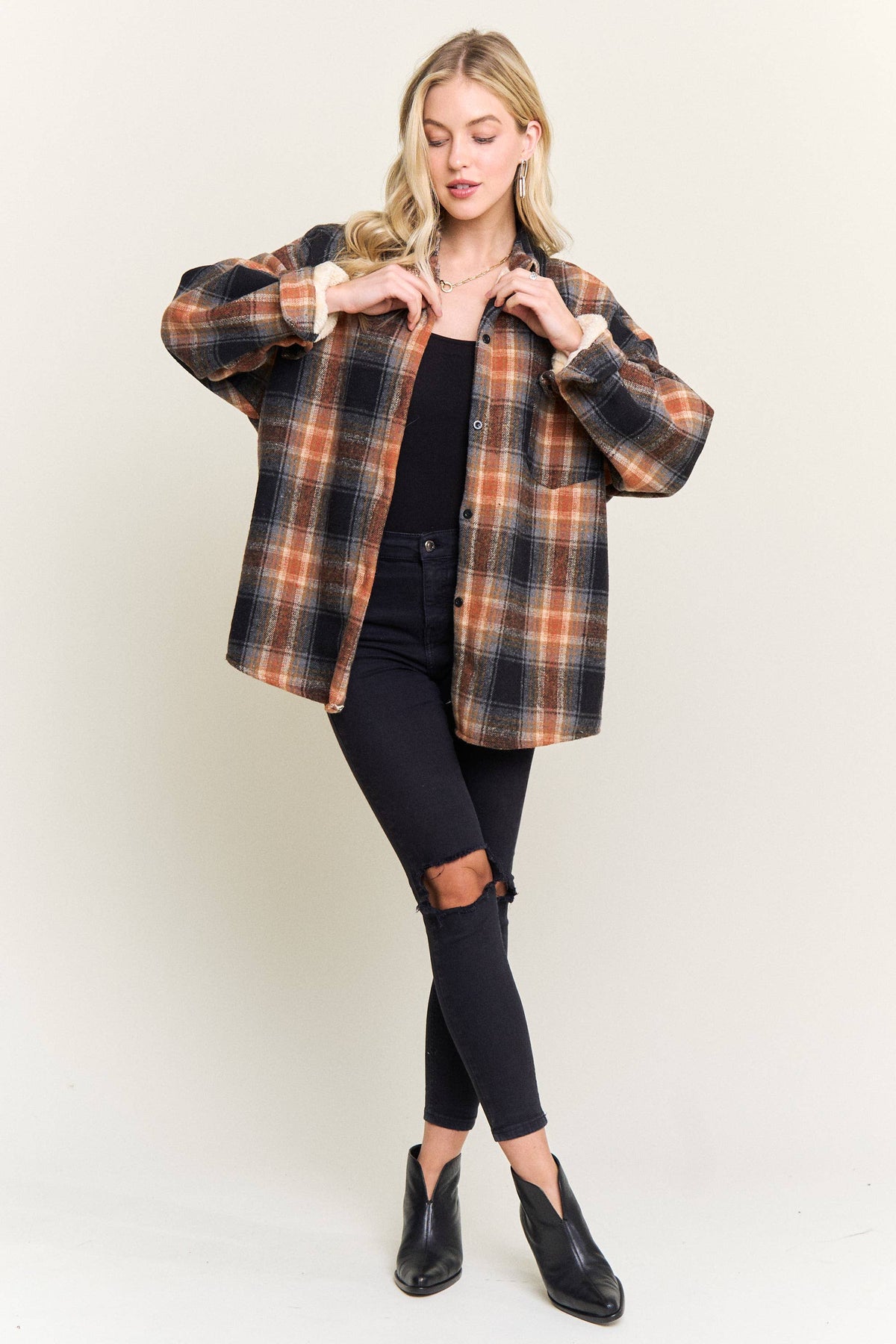 PLAID SHERPA-LINED BUTTON DOWN SHACKET JACKET