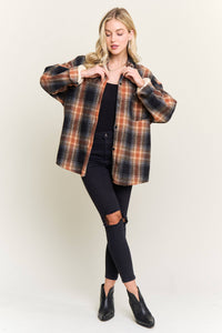 PLAID SHERPA-LINED BUTTON DOWN SHACKET JACKET