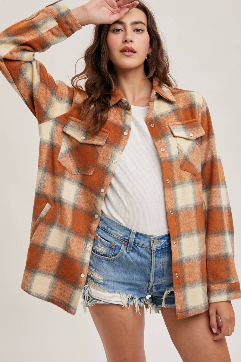 BUTTON DOWN FLANNEL SHACKET JACKET WITH POCKETS: PUMPKIN