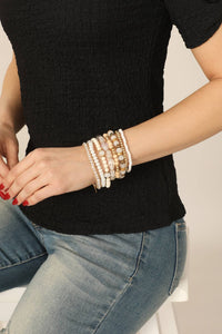 Charm Mix Bead Natural Stone Wood Layered Stackable Bracelet: White