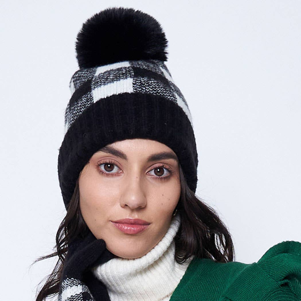 Buffalo Plaid Cuff Beanie with Pom