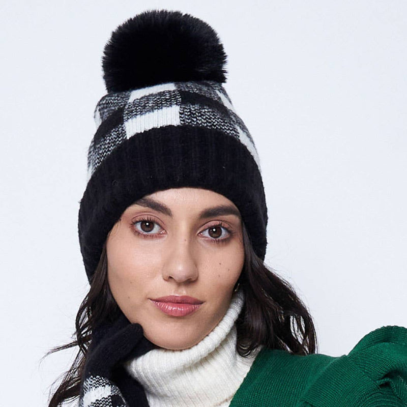 Buffalo Plaid Cuff Beanie with Pom