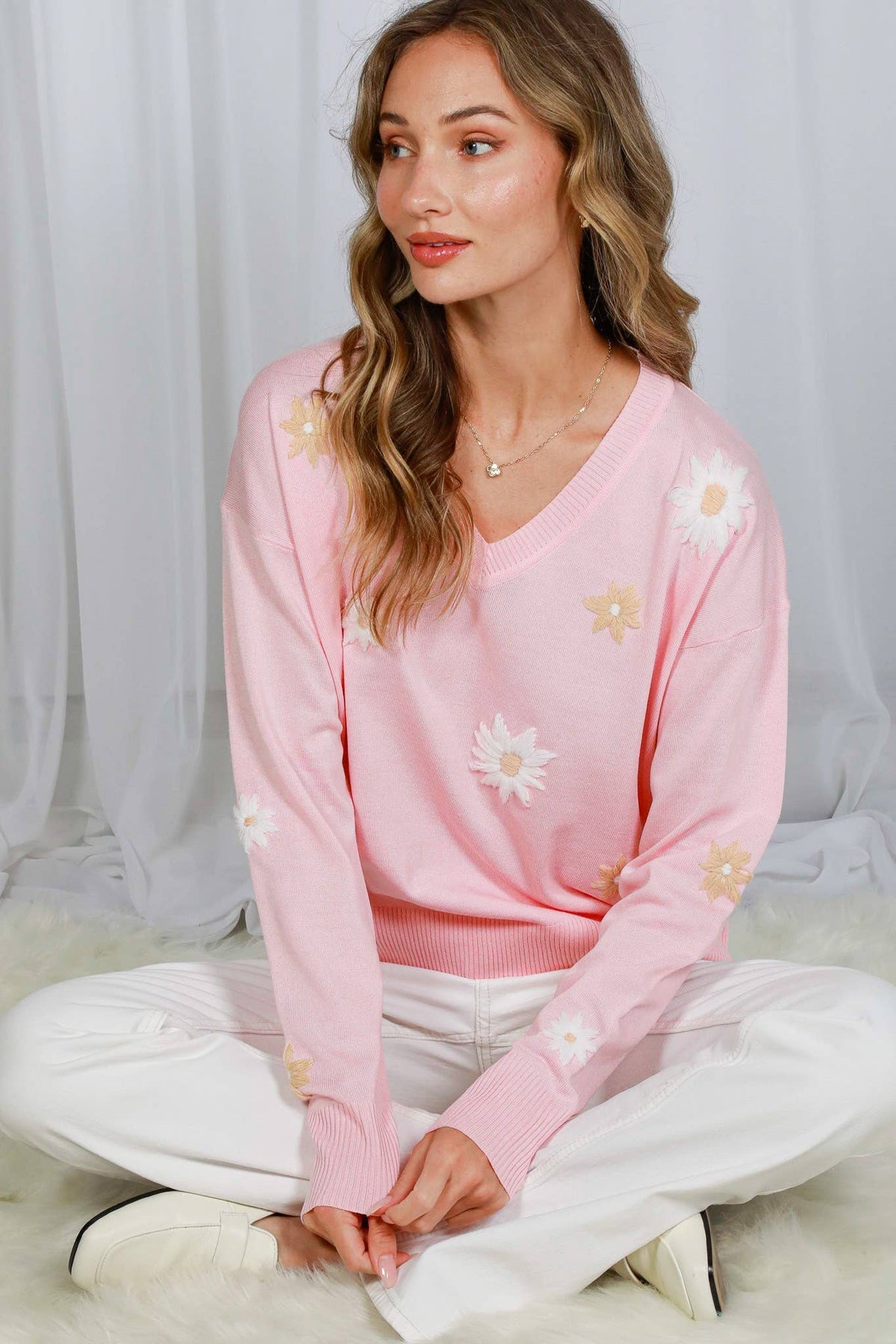 V-Neck Long-Sleeve Floral Embroidery Knitted Sweater Pink