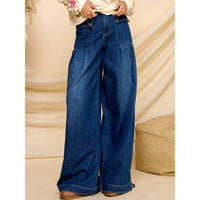 Ankle Drawstring Wide Denim Pants: Dark Wash