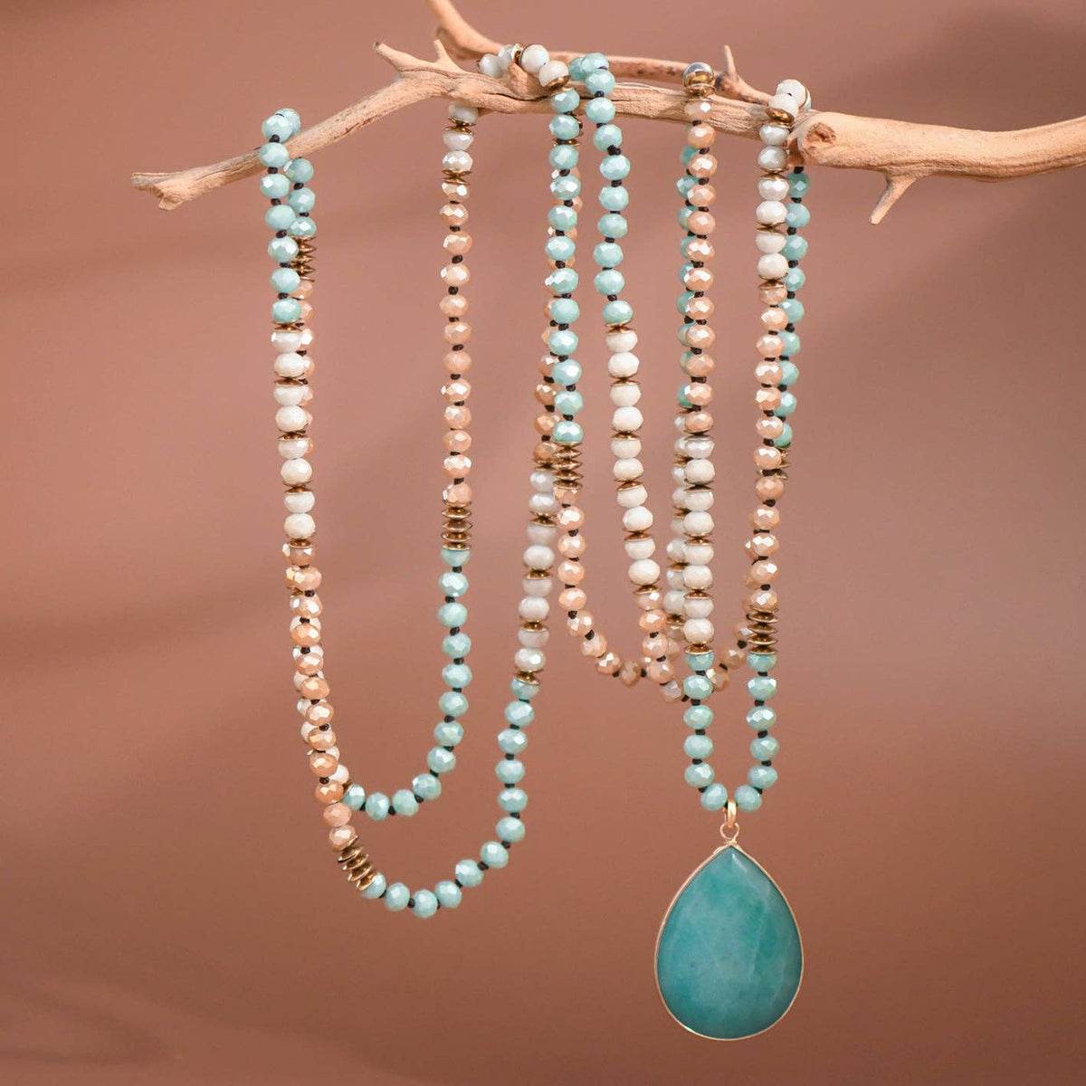 Boho Mixed Glass Bead Wrap Necklace, Natural Stone Drop Pendant