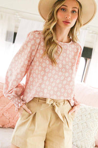 Round neckline puff sleeve woven top blouse : Pink