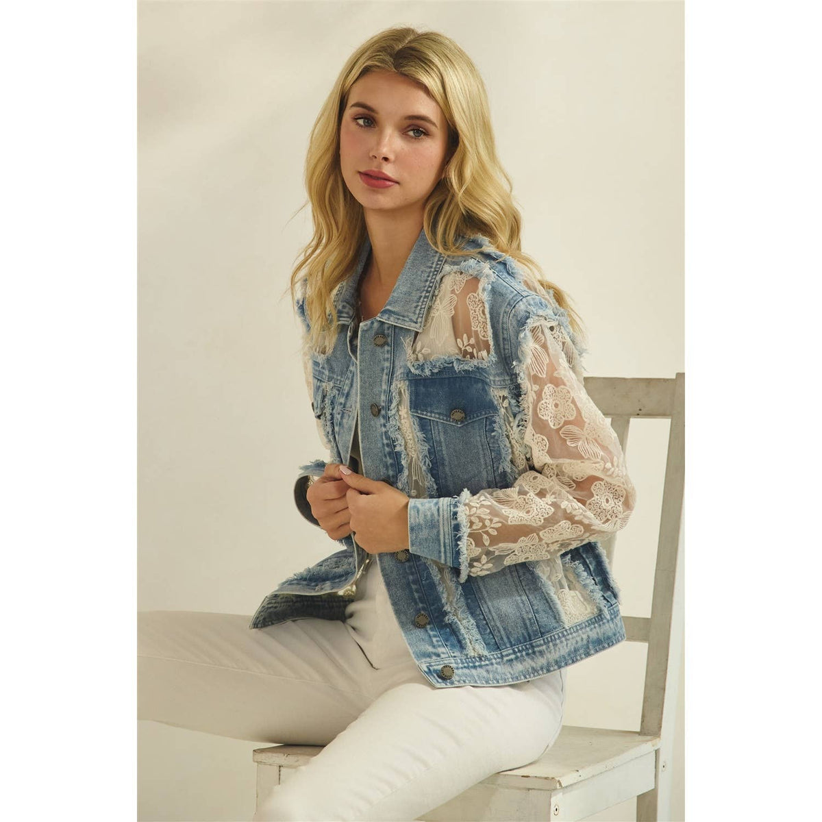 Denim Jacket with Floral Organza Inset: Med Wash