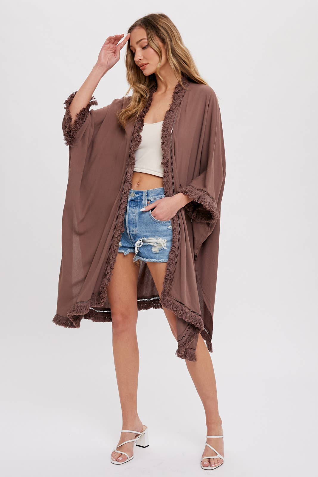 FRINGED KIMONO: MOCHA