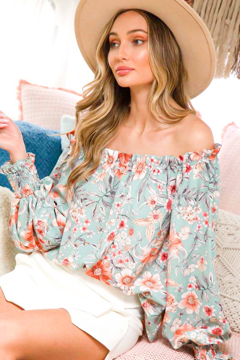 Off The Shoulder Floral Stripe Printed Woven Blouse : Mint