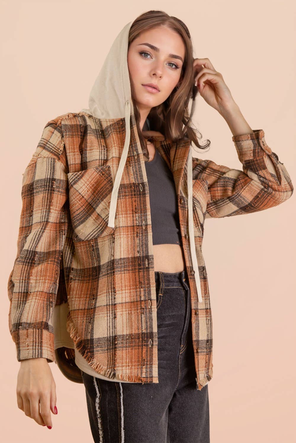 Oversized Flannel Hooded Button Down Jacket: CARAMEL MIX