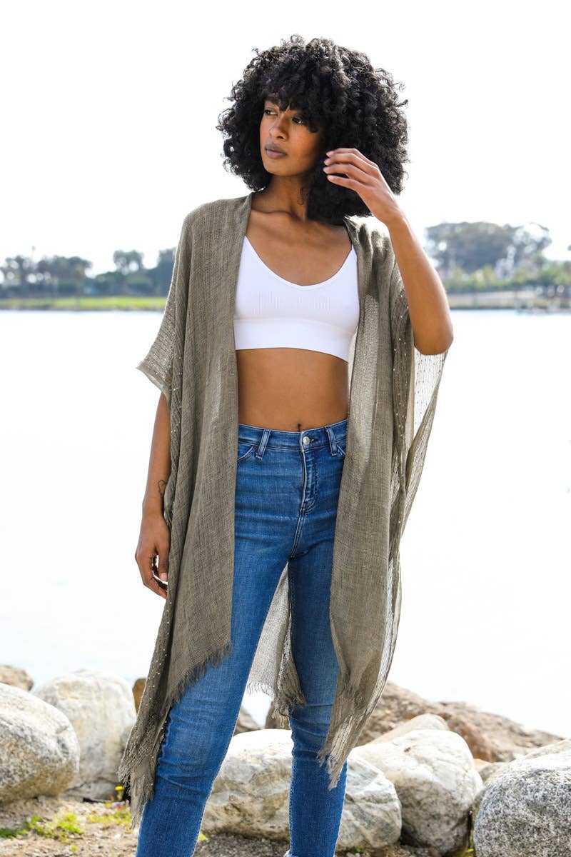 Lightweight Sheer Kimono with Sequin and Frayed Details *