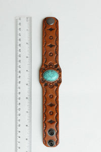 Boho Turquoise Stone Camel Leather Cuff Bracelet *