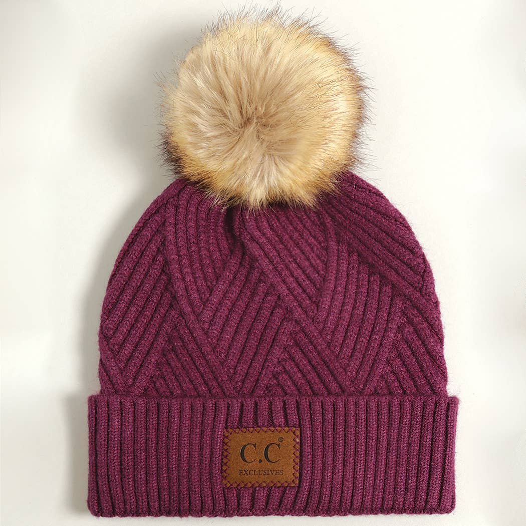 Heather Cuff Beanie with Pom-Pom: EGGPLANT