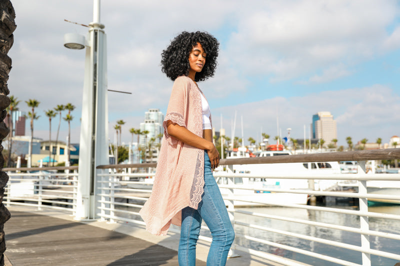 Boho Lace Edged Kimono in Blush