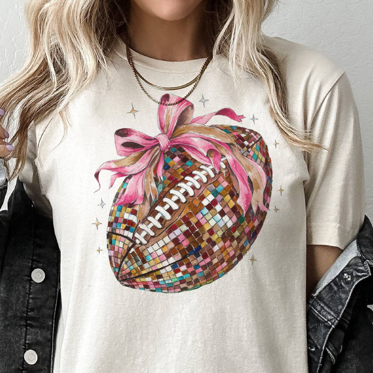 Disco Football Coquette Disco Game Day Girly mom Graphic Tee: Cream