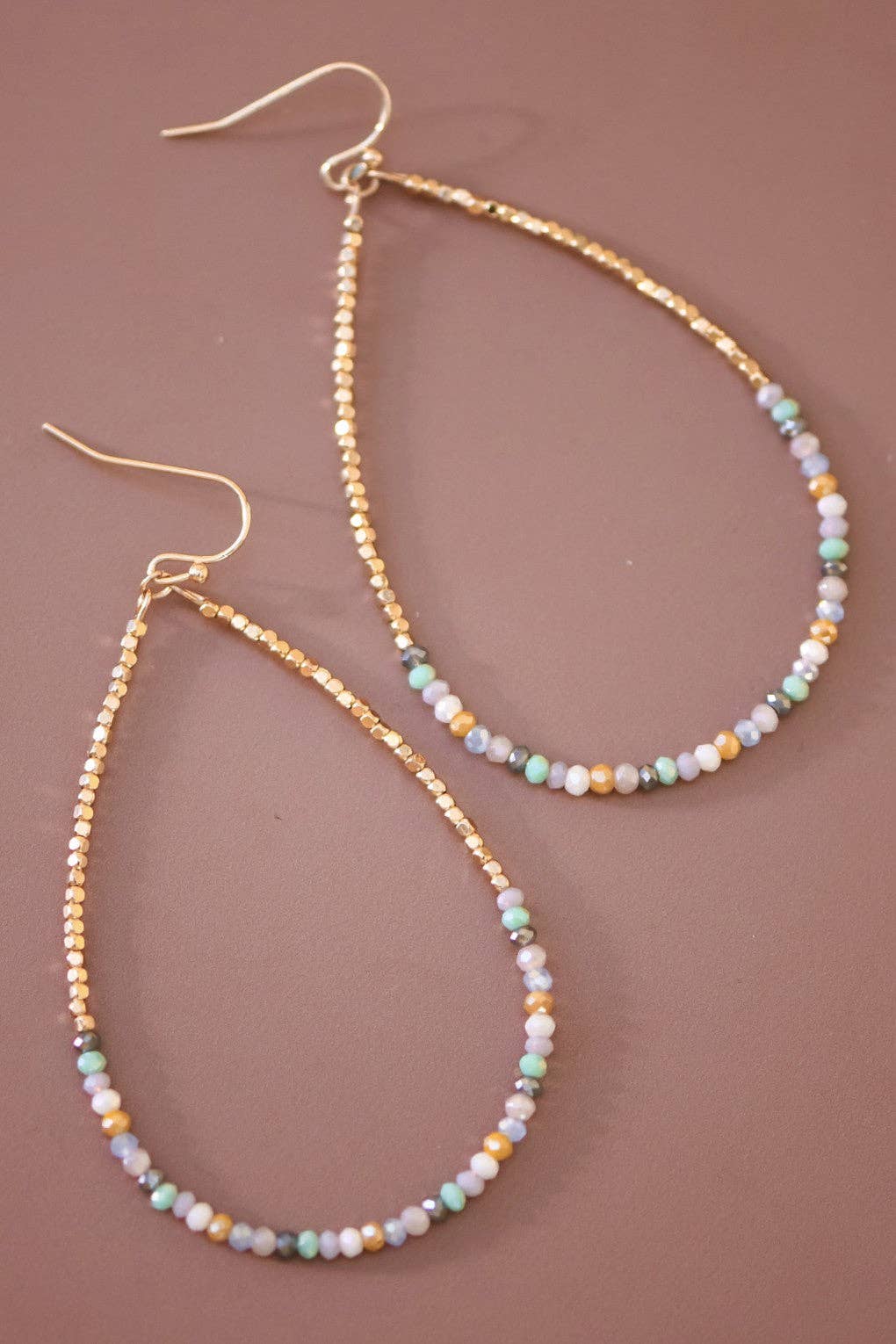 Teardrop Wire Beaded Earrings with Glass Crystals -