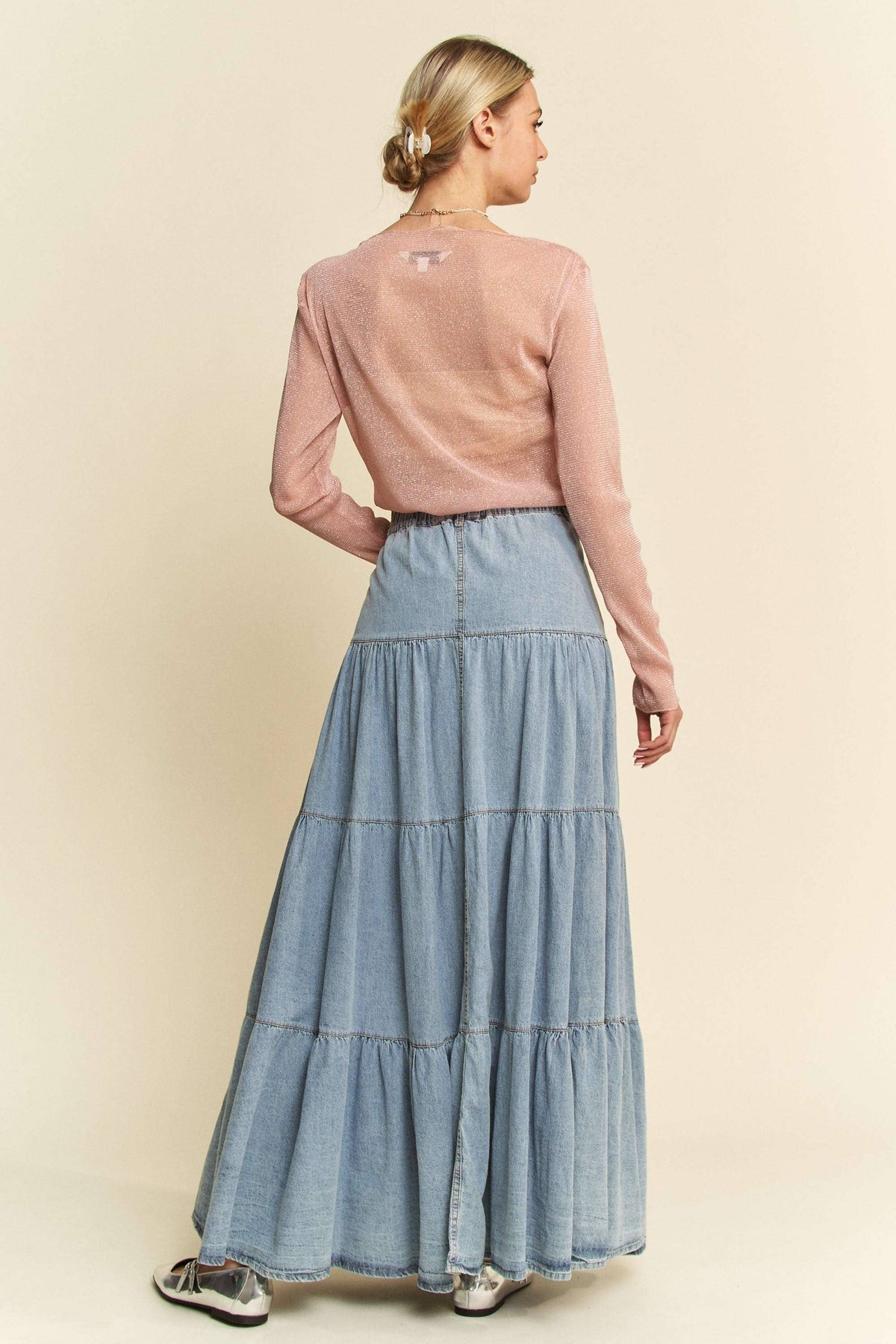 DENIM BUTTON FRONT RUFFLE HEM DENIM MAXI SKIRT: Denim