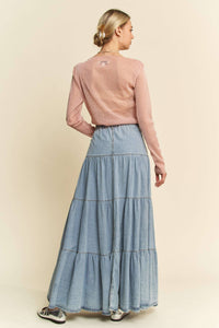 DENIM BUTTON FRONT RUFFLE HEM DENIM MAXI SKIRT: Denim