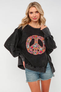 PLUS SUZE EMBROIDERED PEACE WASHED PULLOVER KNIT TOP: CHARCOAL