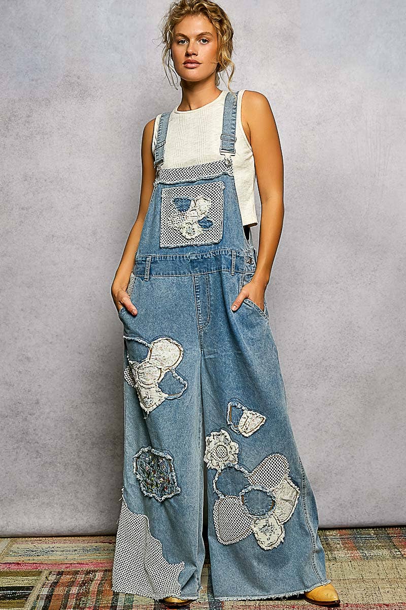 Embroidery Floral Patchwork Buckle Back Woven Denim Overalls / Romper / Pants : DENIM MULTI