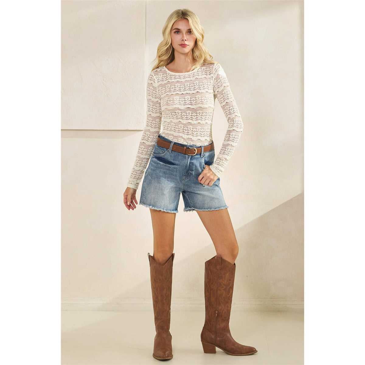 Long Sleeve Lace Top: Ivory