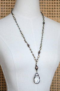 Boho Long Beaded Chain Link Necklace, Glass Crystal Teardrop Pendant