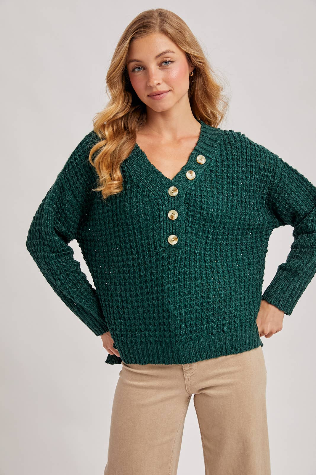 THERMAL HENELY SWEATER TOP: HUNTER GREEN**