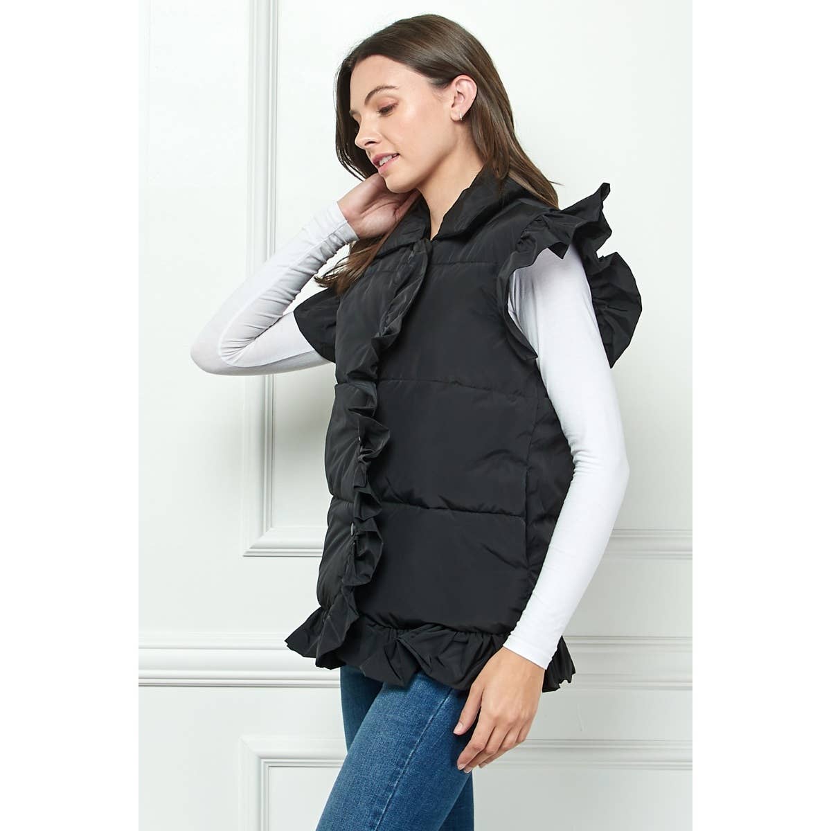 Ruffle Sleeve and Front Padded Vest: Black