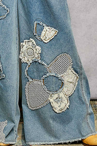Embroidery Floral Patchwork Buckle Back Woven Denim Overalls / Romper / Pants : DENIM MULTI