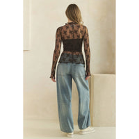 Lace Long Sleeve See Through Top: Brown