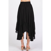 HANDKERCHIEF HEM ELASTIC WAIST POCKET MIDI SKIRT: BLACK