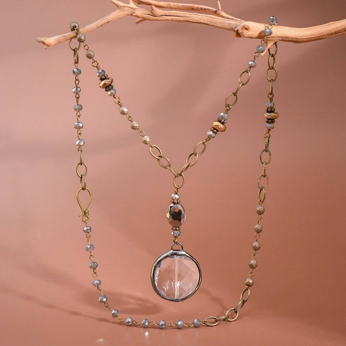 Boho Long Beaded Chain Link Necklace, Glass Crystal Round Pendant -  Round