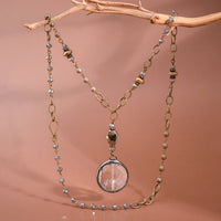 Boho Long Beaded Chain Link Necklace, Glass Crystal Round Pendant -  Round