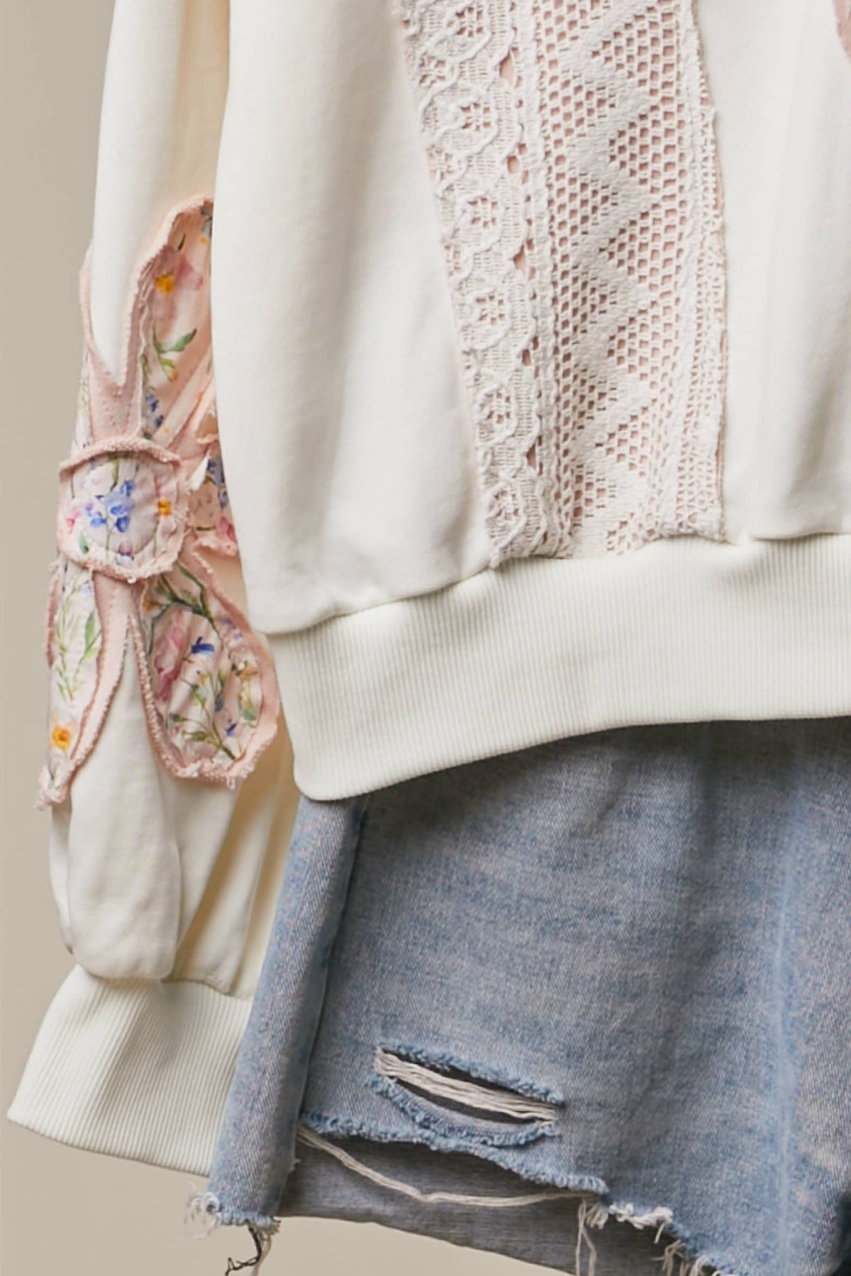 Multi Fabric Flower Patch With Lace Sweatershirts: Ivory
