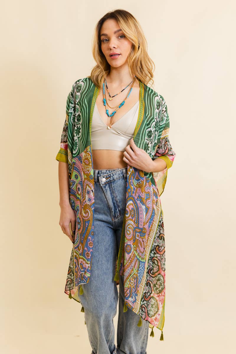 Paisley Print Open Front Kimono w/ Cinched Arms: Lime